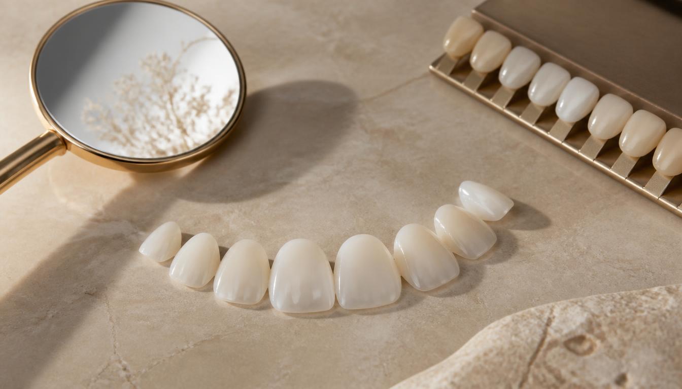 Tenké porcelánové fazety usporiadané oblúkom na teplom béžovom mramore vedľa zlatého zubného zrkadielka a farebného kľúča