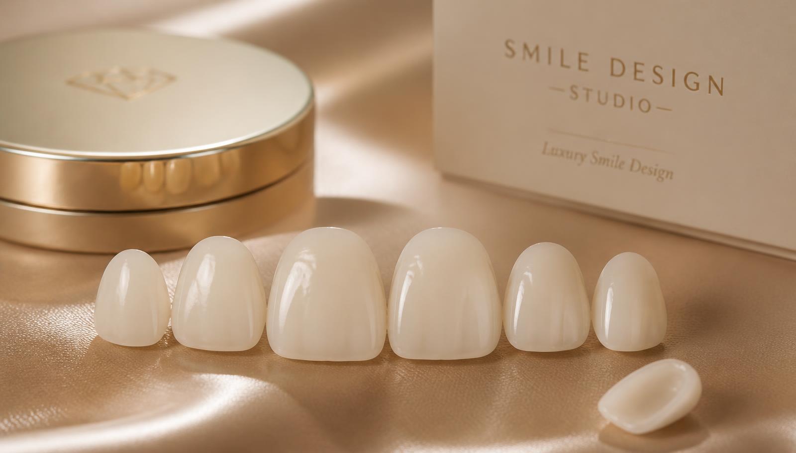 Tenké keramické zubné fazety uložené na champagne saténe vedľa elegantnej krabičky Smile Design Studio